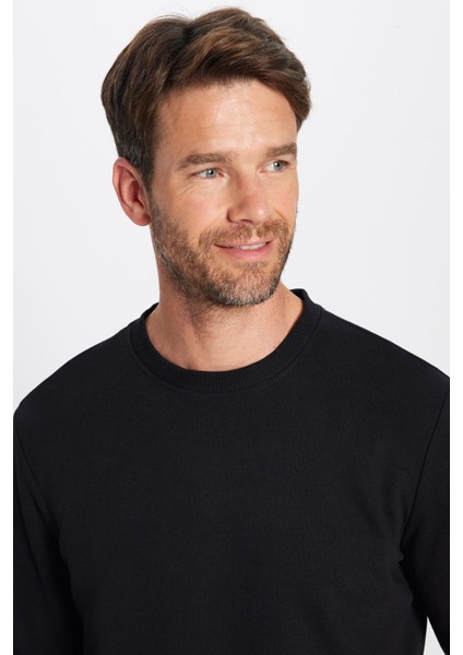 Unisex Relax Fit Rahat Kesim Pamuklu Yumuşak Dokulu İçi Polarlı Basic Siyah Bisiklet Yaka Sweatshirt