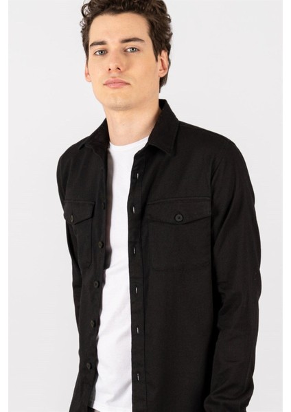 Slim Fit Uzun Kollu Denim Kot Düz Cepli Gabardin Erkek Siyah Gömlek