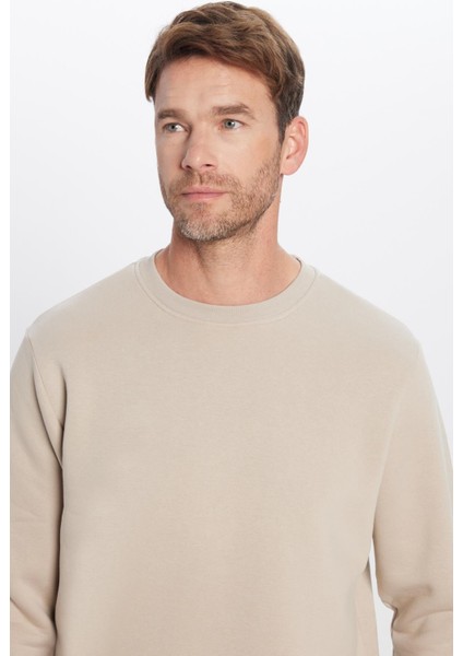 Unisex Relax Fit Rahat Kesim Pamuklu Yumuşak Dokulu Polarlı Basic Taş Renk Bisiklet Yaka Sweatshirt