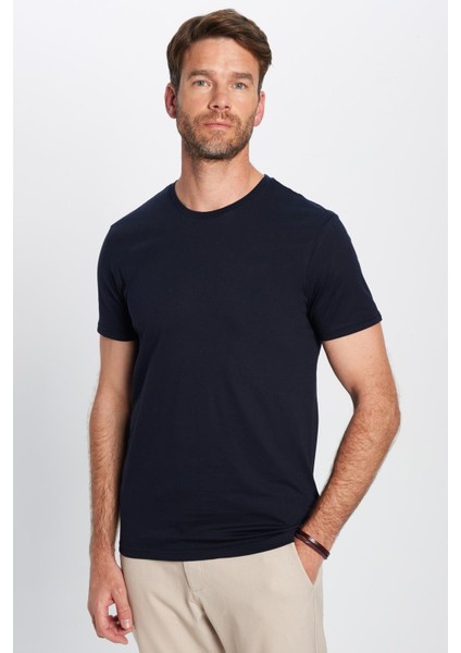 Unisex Slim Fit Dar Kesim %100 Pamuk Yumuşak Dokulu Lacivert Bisiklet Yaka Tişört