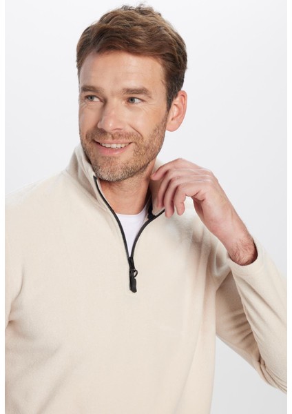 Unisex Standart Fit Rahat Kesim Tüylenme Yapmayan Soğuk Geçirmez Bej Dik Yaka Polar Sweatshirt