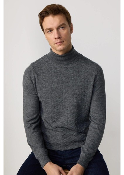 Erkek Tam Balıkçı Yaka Önü Desenli Gri Triko Kazak