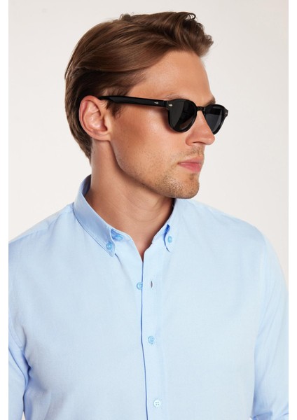 Erkek Slim Fit Dar Kesim Uzun Kollu Pamuklu Oxford Doku Kolay Ütü Mavi Düğmeli Yaka Gömlek