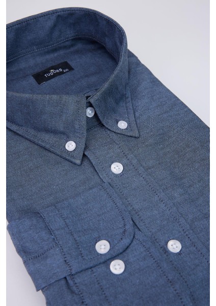 Büyük Beden Uzun Kollu Oxford Doku Yaka Düğmeli Cepli Nakışlı Mavi Erkek Gömlek