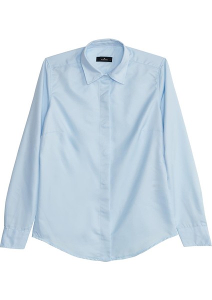 Kadın Slim Fit Dar Kesim Vucüda Oturan Uzun Kollu Gizli Düğme Detaylı Mavi Basic Gömlek