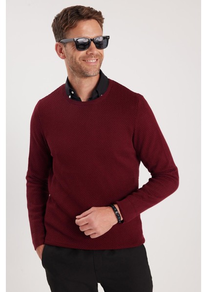 Erkek Standart Fit Normal Kesim Bisiklet Yaka Petek Desenli Koyu Bordo Triko Kazak