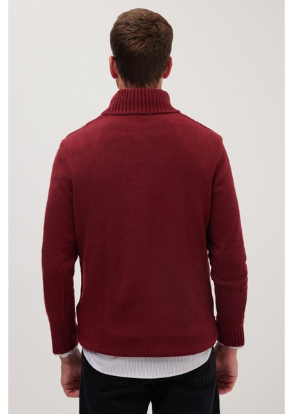 Erkek Slim Fit Dar Kesim Armürlü Fermuarlı Bordo Dik Yaka Kazak