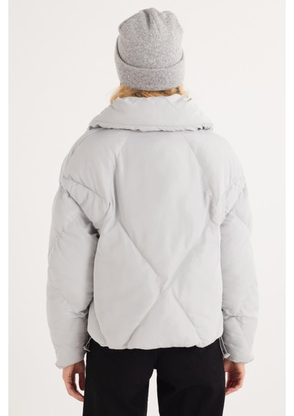 Kadın Oversize Geniş Kesim Şişme Dik Yaka Gri Mont