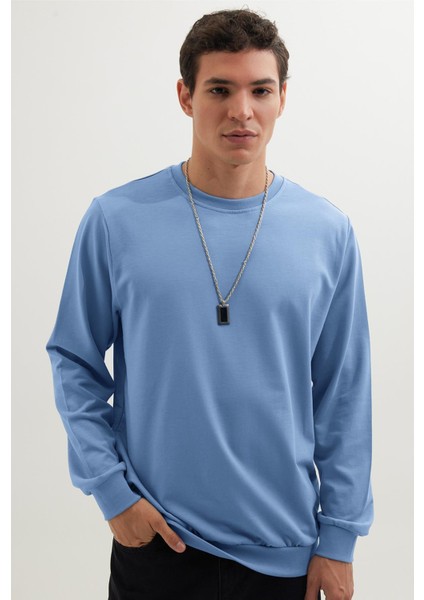 Erkek Relax Fit Rahat Kesim %100 Pamuk 2 İplik Bisiklet Yaka Mavi Sweatshirt