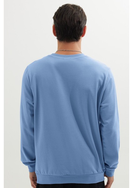 Erkek Relax Fit Rahat Kesim %100 Pamuk 2 İplik Bisiklet Yaka Mavi Sweatshirt
