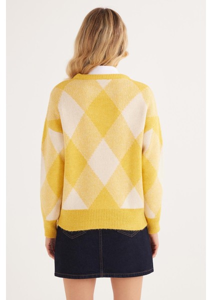 Kadın Slim Fit Dar Kesim Bisiklet Yaka Desenli Sarı Kazak