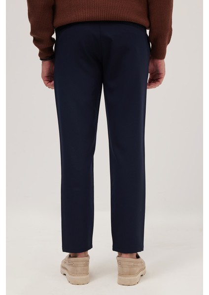 Erkek Slim Fit Dar Kesim Lastikli Bağcık Detaylı Lacivert Pantolon