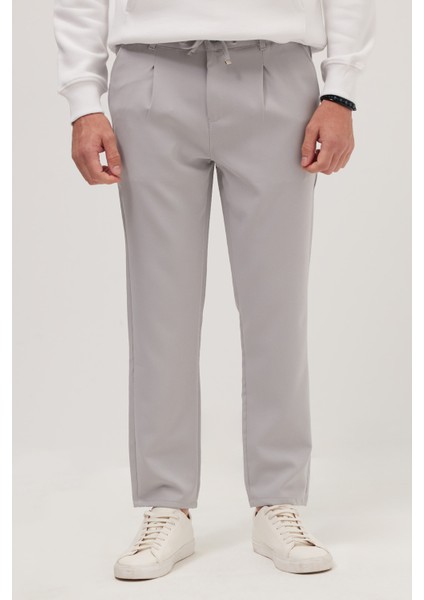 Erkek Slim Fit Dar Kesim Lastikli Bağcık Detaylı Gri Pantolon