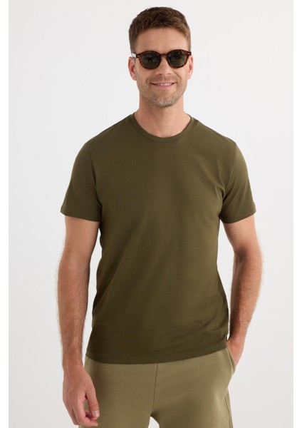 Unisex Slim Fit Dar Kesim %100 Pamuk Yumuşak Dokulu Yeşil Bisiklet Yaka Tişört