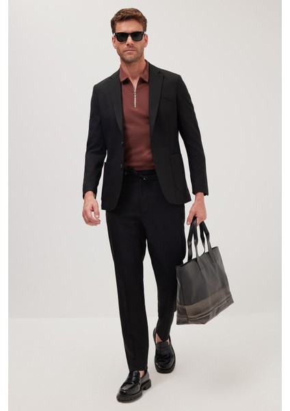 Erkek Slim Fit Mono Yaka Likralı Esnek Kumaş Siyah Takım Elbise