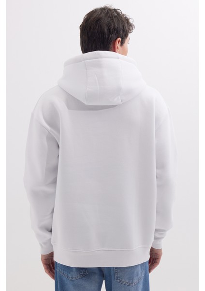 Unisex Oversize Geniş Kesim Pamuklu Yumuşak Dokulu İçi Polarlı Baskılı Beyaz Kapüşonlu Sweatshirt