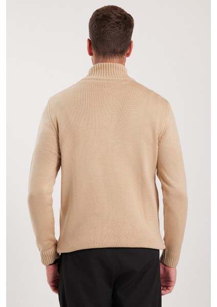 Erkek Slim Fit Dar Kesim Armürlü Fermuarlı Taş Dik Yaka Kazak