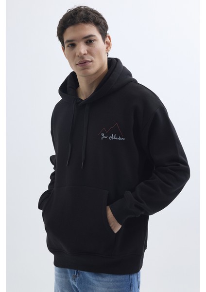 Unisex Oversize Geniş Kesim Pamuklu Yumuşak Dokulu İçi Polarlı Baskılı Siyah Kapüşonlu Sweatshirt