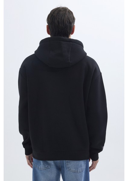 Unisex Oversize Geniş Kesim Pamuklu Yumuşak Dokulu İçi Polarlı Baskılı Siyah Kapüşonlu Sweatshirt