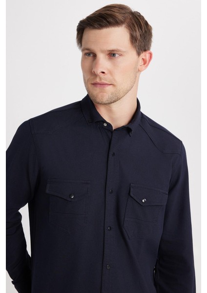 Erkek Regular Fit Rahat Kesim Çift Cepli Spor Yaka Denim Lacivert Gömlek
