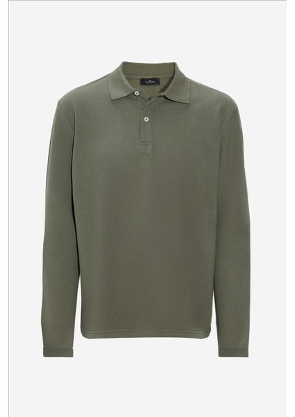 Erkek Standart Fit Rahat Kesim Pamuklu Yumuşak Dokulu Düz Pike Uzun Kollu Haki Polo Yaka Tişört