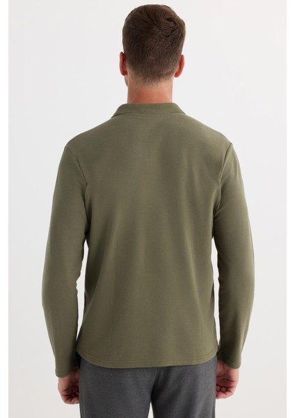 Erkek Standart Fit Rahat Kesim Pamuklu Yumuşak Dokulu Düz Pike Uzun Kollu Haki Polo Yaka Tişört