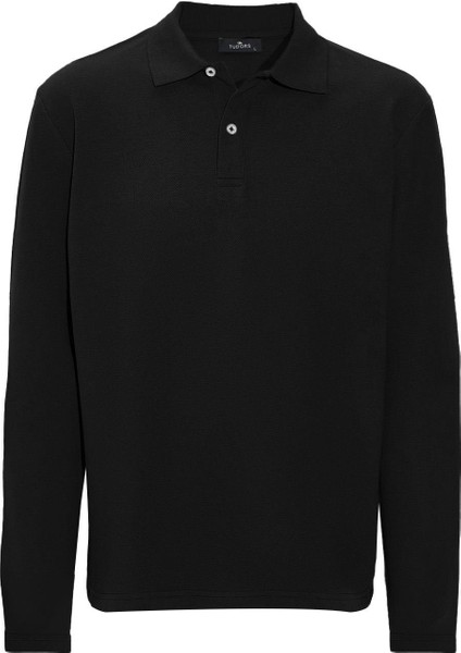 Erkek Standart Fit Rahat Kesim Pamuklu Yumuşak Dokulu Düz Pike Uzun Kollu Siyah Polo Yaka Tişört