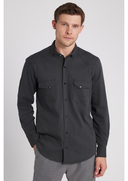 Erkek Regular Fit Rahat Kesim Çift Cepli Spor Yaka Denim Haki Gömlek