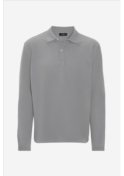 Erkek Standart Fit Rahat Kesim Pamuklu Yumuşak Dokulu Düz Pike Uzun Kollu Gri Polo Yaka Tişört