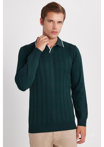 Erkek Slim Fit Dar Kesim Çizgi Detaylı Yeşil Polo Yaka Kazak