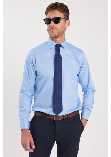 Erkek Regular Fit Açık Mavi Non-Iron Pamuklu Doğa Dostu Ekoteks Belgeli Ütü Gerektirmez Gömlek