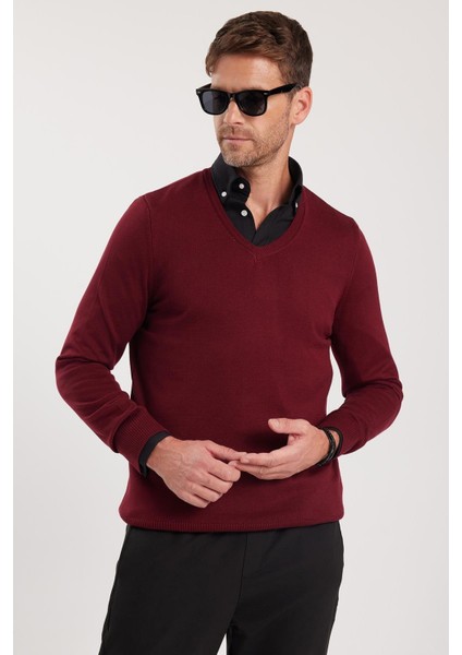 Erkek Standart Fit Normal Kesim V Yaka Pamuklu Bordo Triko Kazak