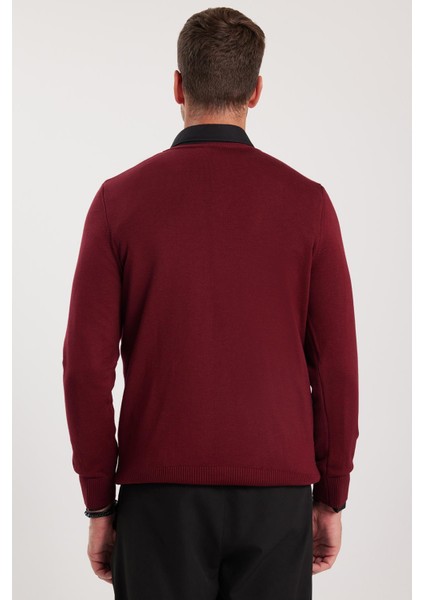 Erkek Standart Fit Normal Kesim V Yaka Pamuklu Bordo Triko Kazak