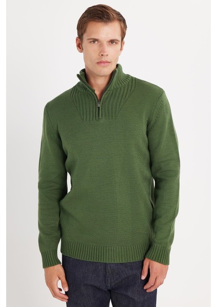 Erkek Slim Fit Dar Kesim Armürlü Fermuarlı Yeşil Dik Yaka Kazak