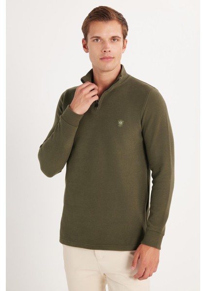 Erkek Slim Fit Dar Kesim Pamuklu Selanik Kumaş Yarım Fermuarlı Haki Dik Yaka Sweatshirt