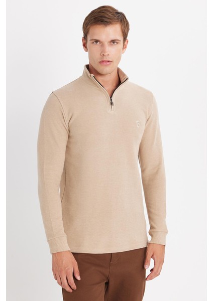 Erkek Slim Fit Dar Kesim Pamuklu Yarım Fermuarlı Taş Dik Yaka Sweatshirt