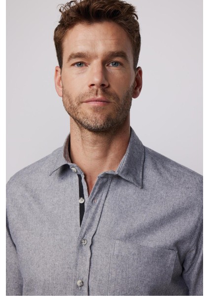 Klasik Fit Uzun Kollu Armürlü Spor Yaka Düz Kışlık Oduncu Erkek Gri Gömlek