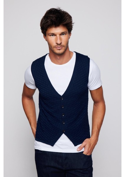 Slim Fit Desenli Lacivert Erkek Yelek