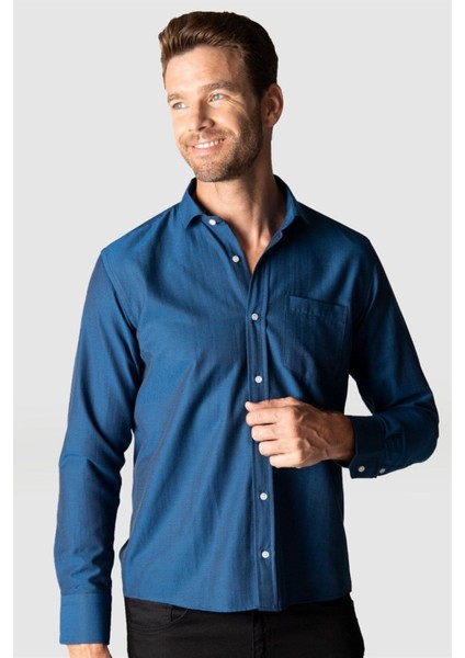 Erkek Regular Fit Klasik Kesim Pamuklu Kolay Ütü Armürlü Sax Mavi Gömlek