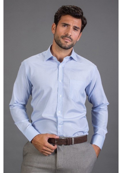 Klasik Fit Uzun Kollu Pamuklu Kolay Ütü Çizgili Erkek Mavi Gömlek