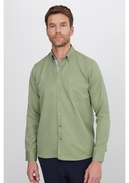 Klasik Fit Uzun Kollu Düğmeli Yaka Pamuklu Kolay Ütü Oxford Düz Erkek Gömlek