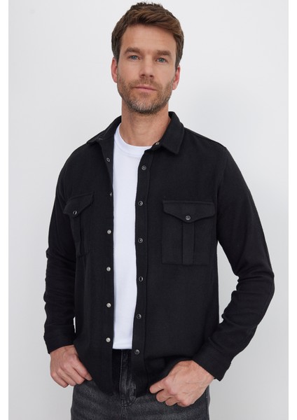Slim Fit Uzun Kollu Kışlık Oduncu Çift Cep Kapaklı Düz Erkek Siyah Gömlek