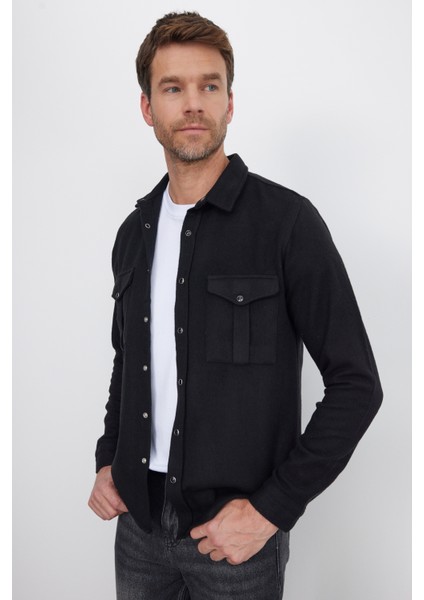 Slim Fit Uzun Kollu Kışlık Oduncu Çift Cep Kapaklı Düz Erkek Siyah Gömlek