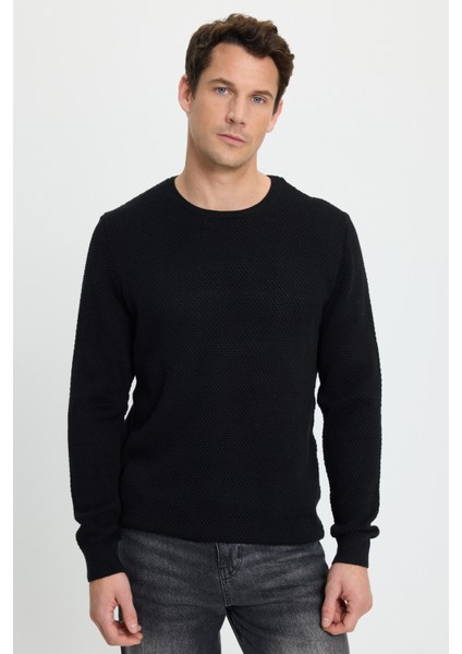 Erkek Standart Fit Normal Kesim Bisiklet Yaka Petek Desenli Siyah Triko Kazak