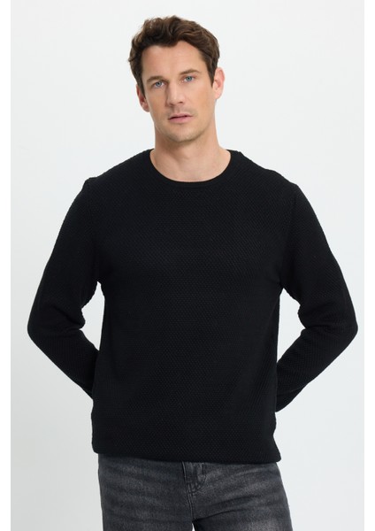 Erkek Standart Fit Normal Kesim Bisiklet Yaka Petek Desenli Siyah Triko Kazak fiyatları