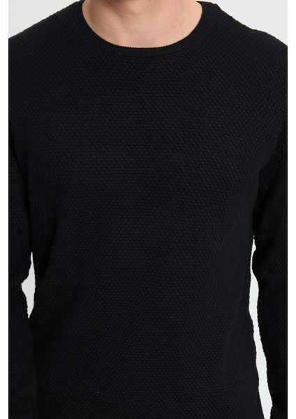 Erkek Standart Fit Normal Kesim Bisiklet Yaka Petek Desenli Siyah Triko Kazak modelleri