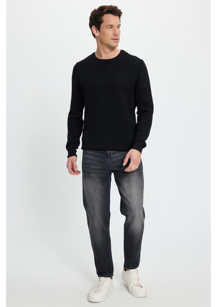 Erkek Standart Fit Normal Kesim Bisiklet Yaka Petek Desenli Siyah Triko Kazak indirimleri