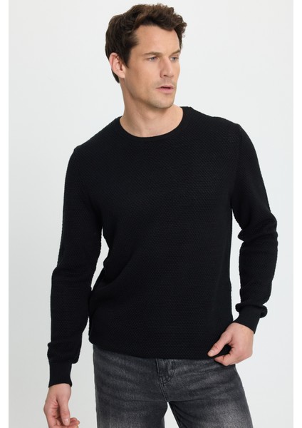 Erkek Standart Fit Normal Kesim Bisiklet Yaka Petek Desenli Siyah Triko Kazak