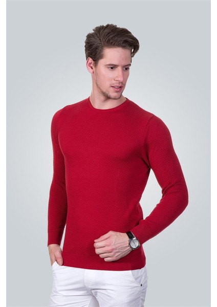 Erkek Standart Fit Normal Kesim Bisiklet Yaka Petek Desenli Kırmızı Triko Kazak