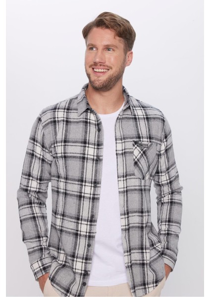 Erkek Slim Fit Dar Kesim Oduncu Tek Cep Kareli Kışlık Gömlek